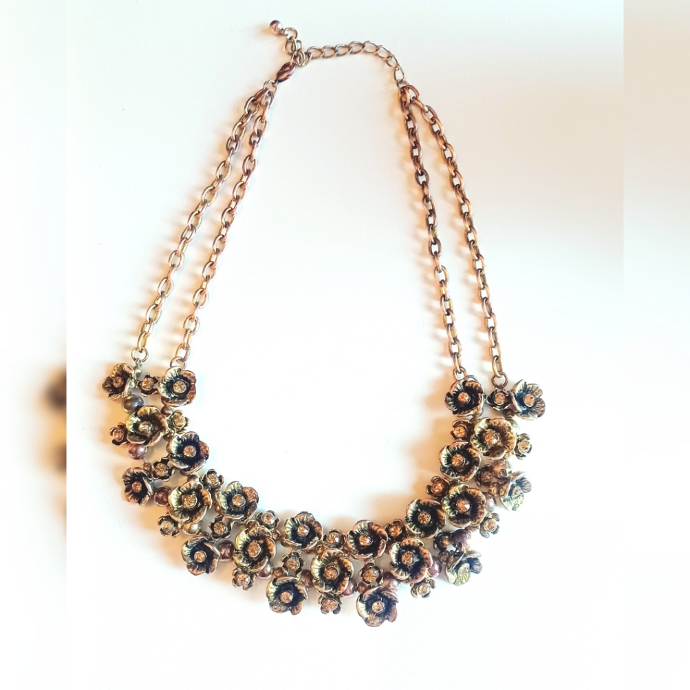 Vintage 60s Antique Gold Floral Rhinestone Statement Necklace